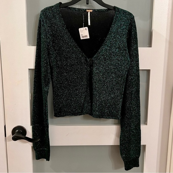 FREE PEOPLE EMMALINE metallic green cardigan. NWT Size XS - Picture 1 of 6